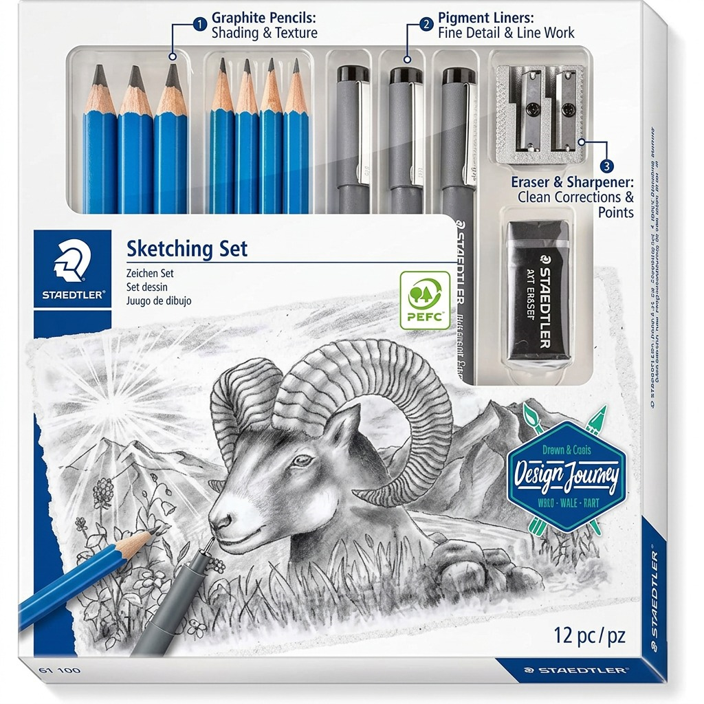 Feature graphic showing the sketching set with callouts highlighted in the context of the included artwork.