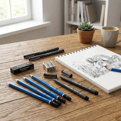 Stylized photograph of the Staedtler sketching set items arranged neatly on a wooden desk.
