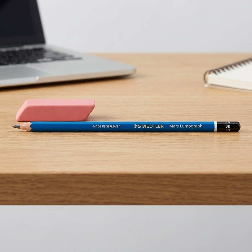 STAEDTLER Mars Lumograph 8B pencil shown beside a standard pink rubber eraser on a desk.