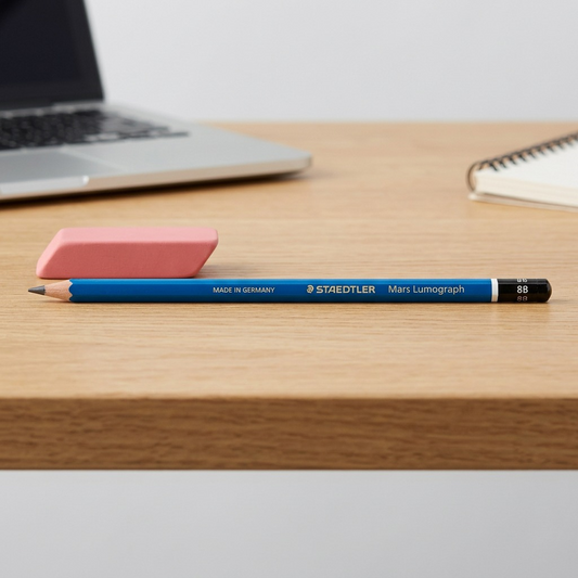 STAEDTLER Mars Lumograph 8B pencil shown beside a standard pink rubber eraser on a desk.