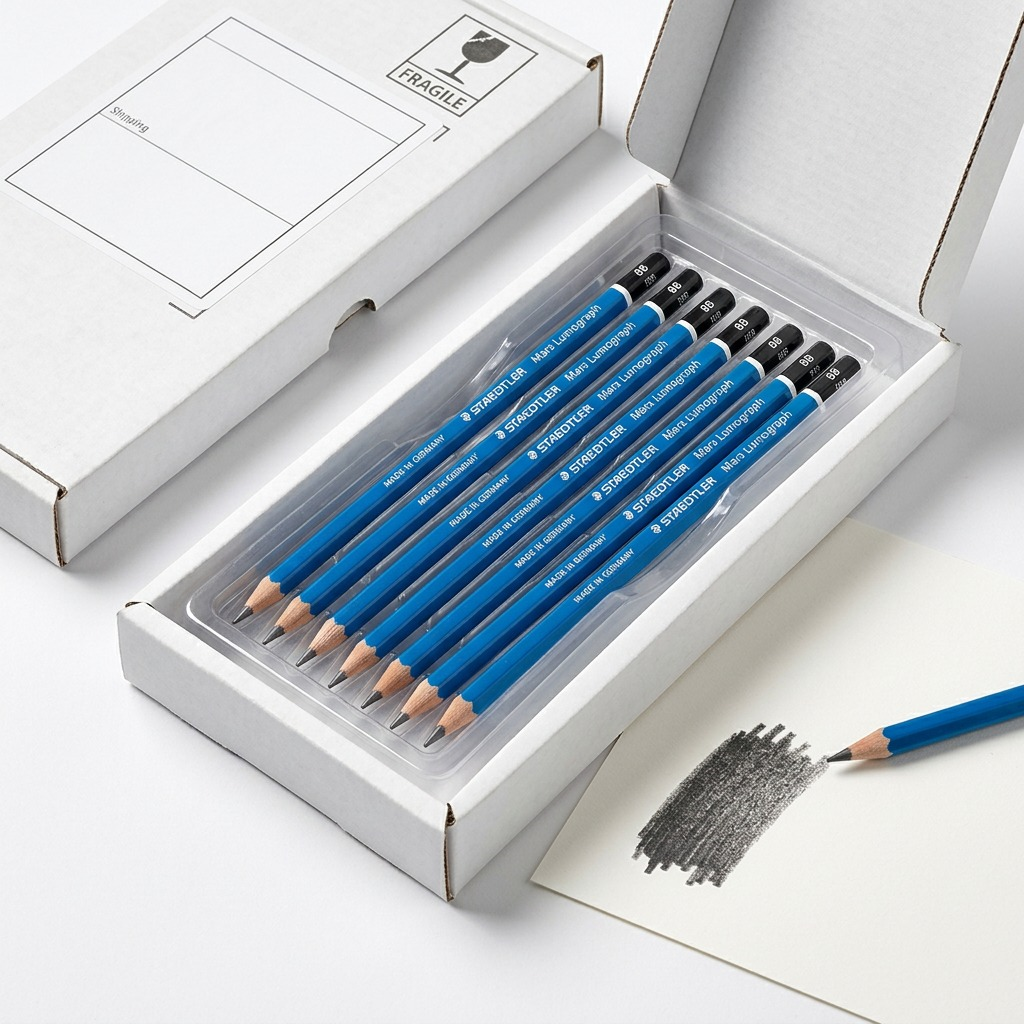 STAEDTLER Mars Lumograph 8B pencils are unboxed from protective white cardboard.