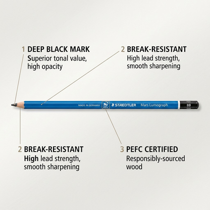 Ecommerce feature graphic highlighting the Staedtler 8B pencil with callouts: Deep Black Mark, High Lead Strength, & PEFC Wood.