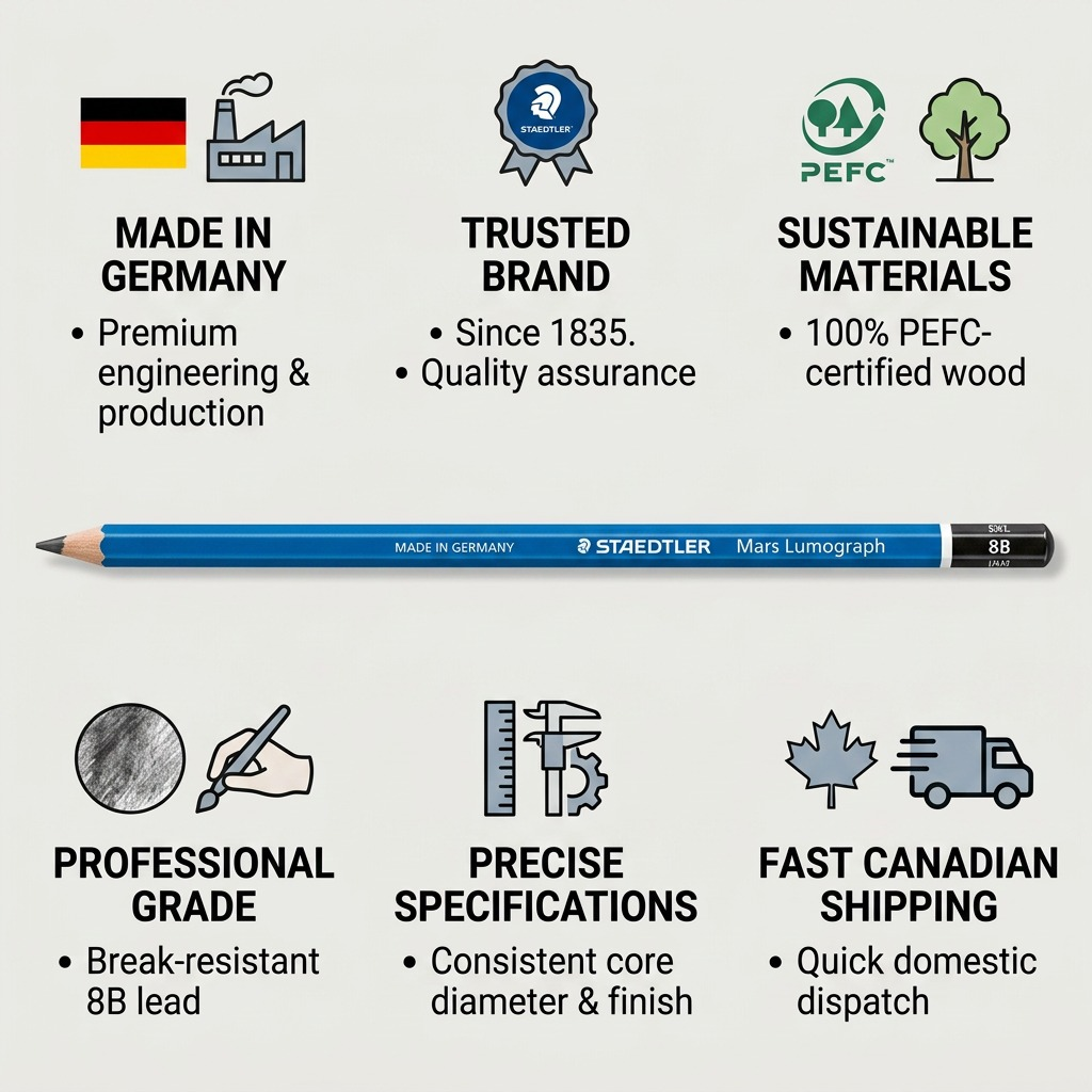 Trust and authority graphic featuring the STAEDTLER Mars Lumograph 8B pencil, 100% PEFC certified, with fast Canadian shipping.