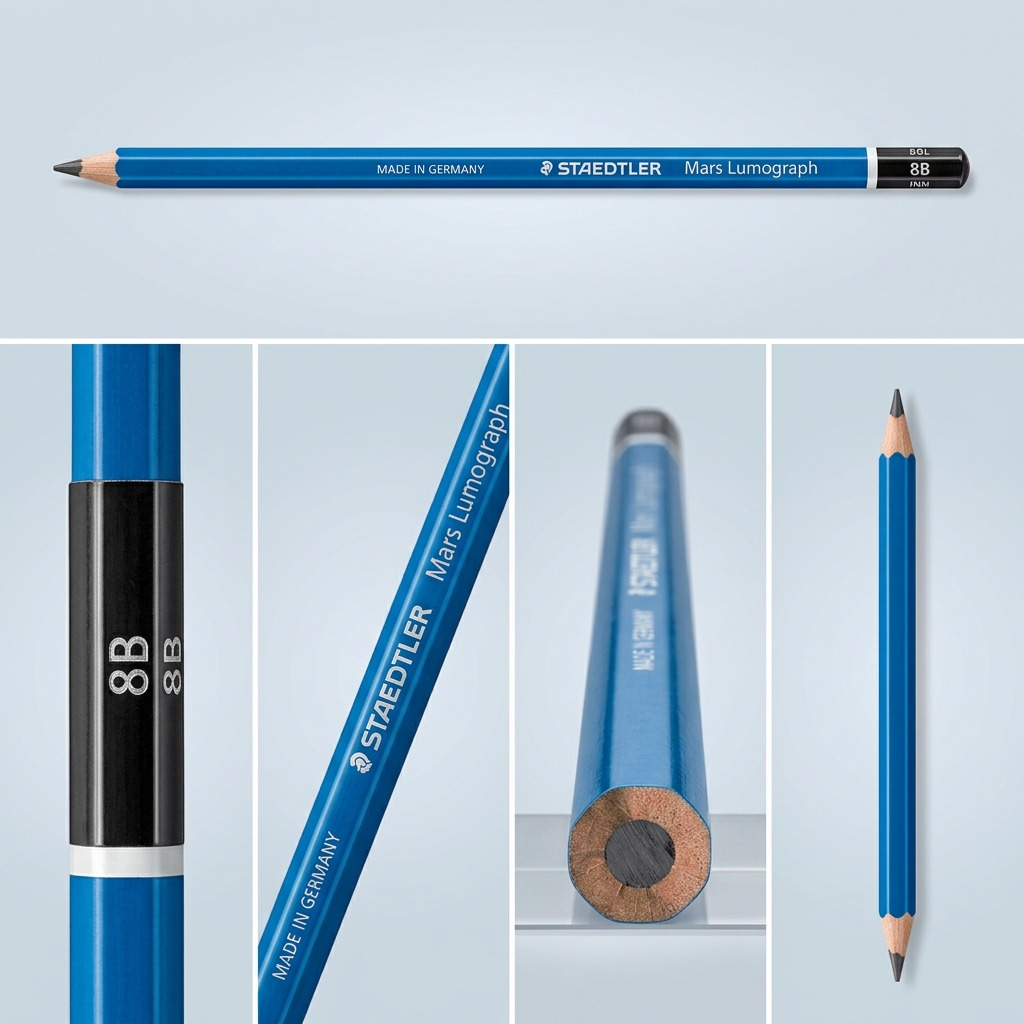 A grid matrix showing the STAEDTLER Mars Lumograph 8B pencil from 5 different angles, including a central main shot and detailed ferrule and tip views.