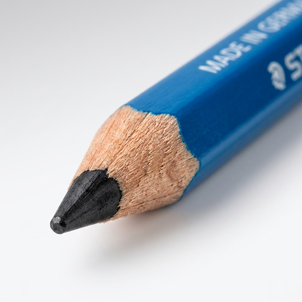 A macro photograph focuses sharply on the 8B lead tip and wood shon of the blue Staedtler Mars Lumograph pencil.