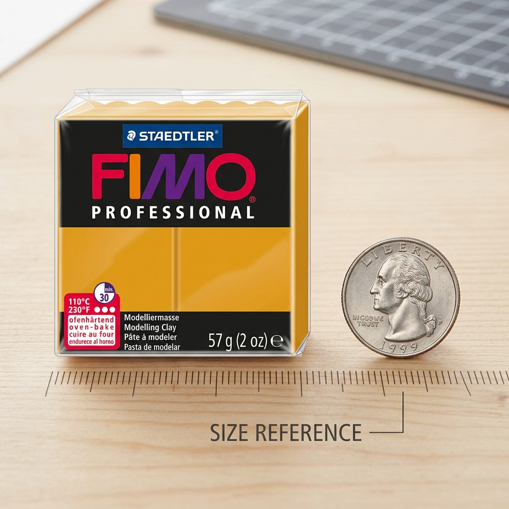An image of the STAEDTLER Fimo Professional 57g bar in its plastic wrap, sitting on a wooden surface next to an American quarter coin, illustrating its size.