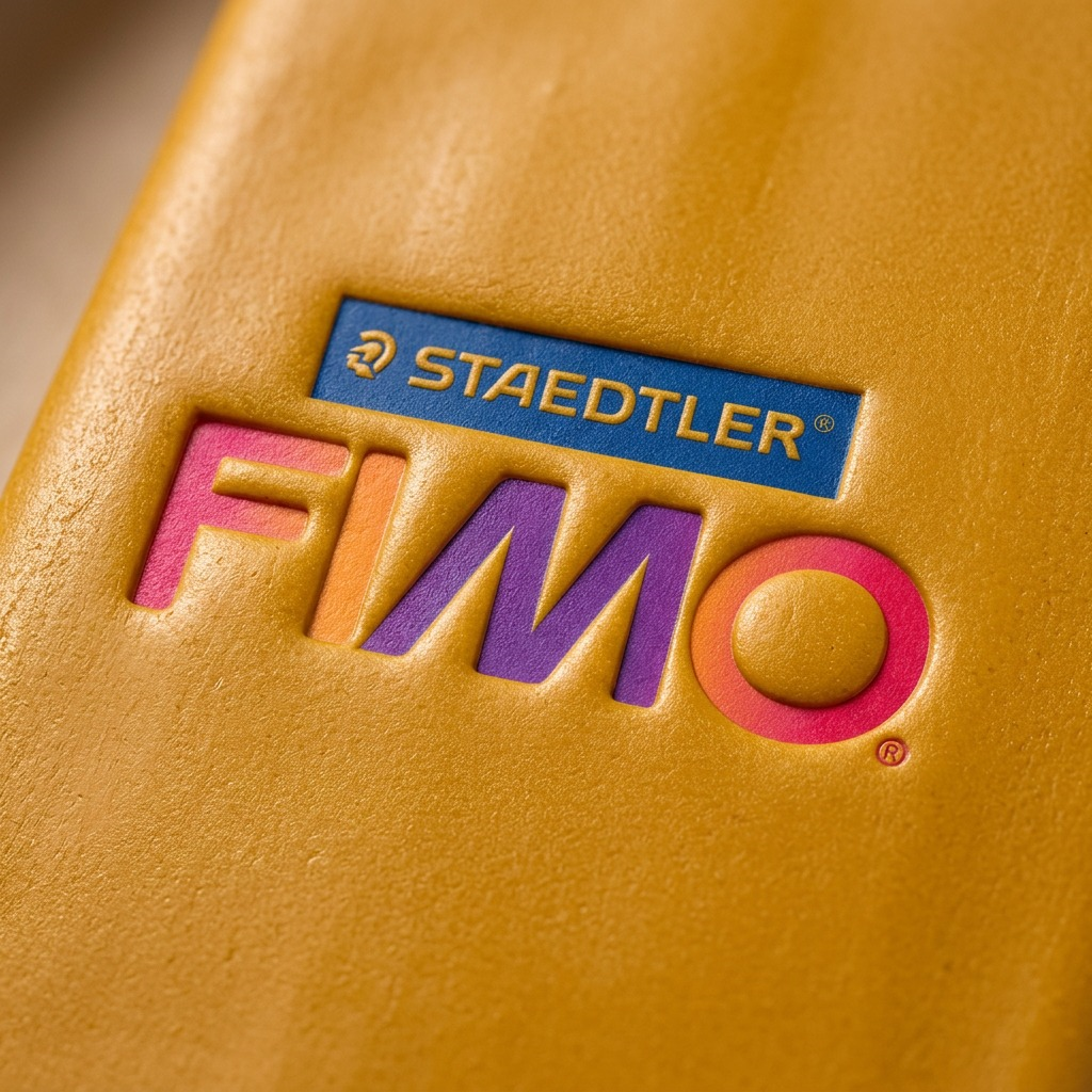 Macro photo of Staedtler FIMO Professional ochre clay showing fine texture and pressed logos.