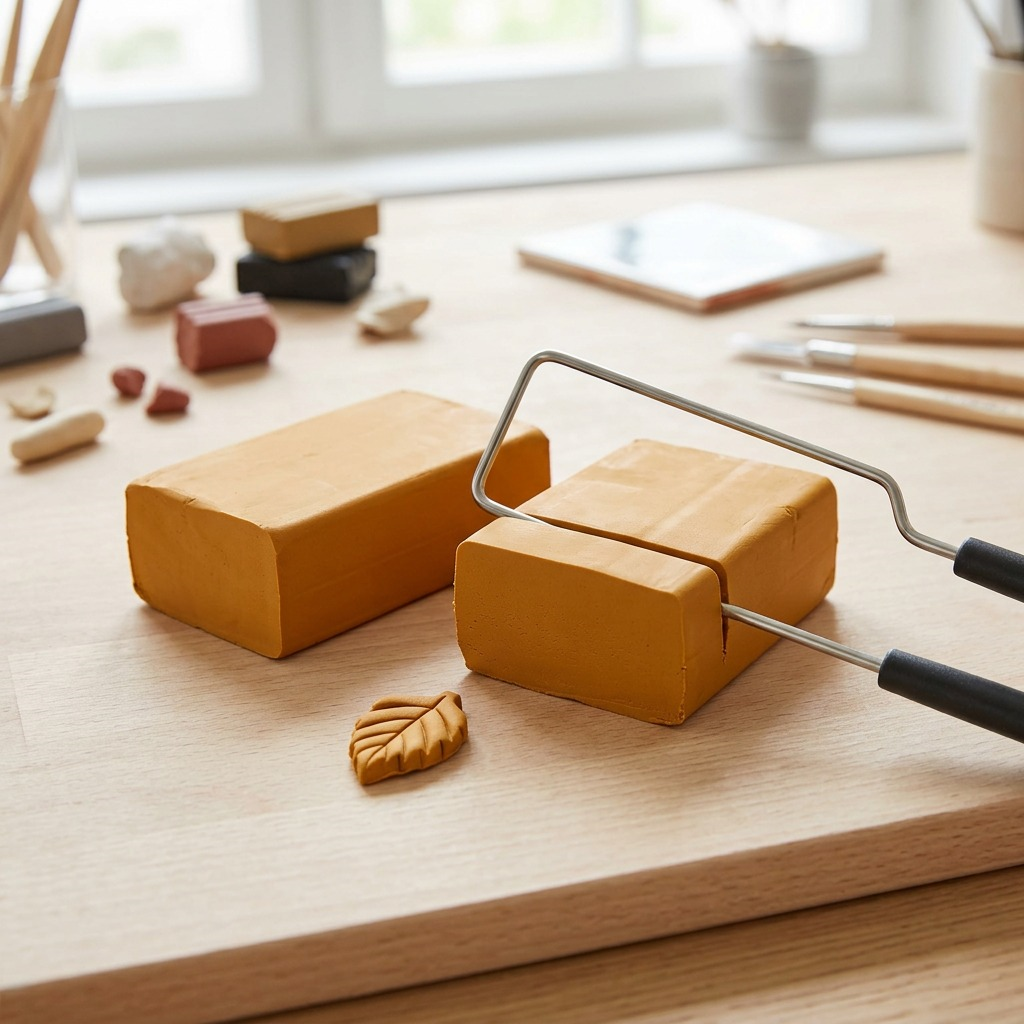 A realistic image displaying two unpackaged blocks of ochre Fimo Professional modeling clay and some minor tools on a wooden surface, without packaging or additional logos.