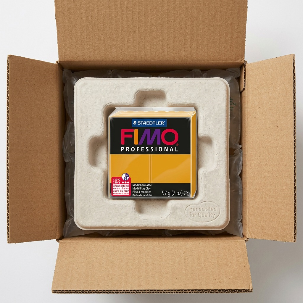 A top-down view of an open premium shipping box reveals a single block of yellow Staedtler FIMO Professional modeling clay, nestled in supportive crinkled-paper packing.