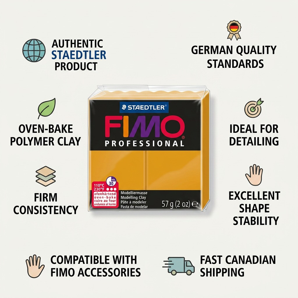 An infographic comparing features of STAEDTLER Fimo Professional clay, with icons and fast Canadian shipping info.