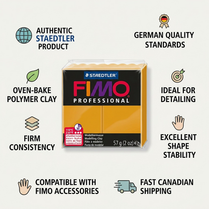 An infographic comparing features of STAEDTLER Fimo Professional clay, with icons and fast Canadian shipping info.