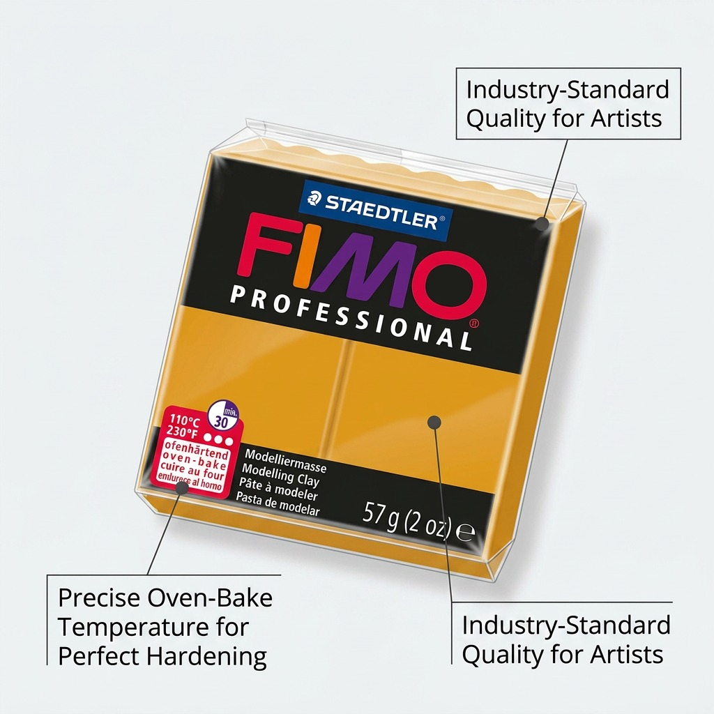 A product image with callouts for STAEDTLER FIMO Professional Ochre clay, 8005-17.