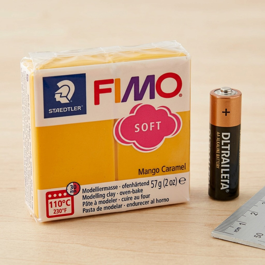 A photograph showing a block of STAEDTLER Fimo Soft Mango Caramel next to a standard AA battery for scale.