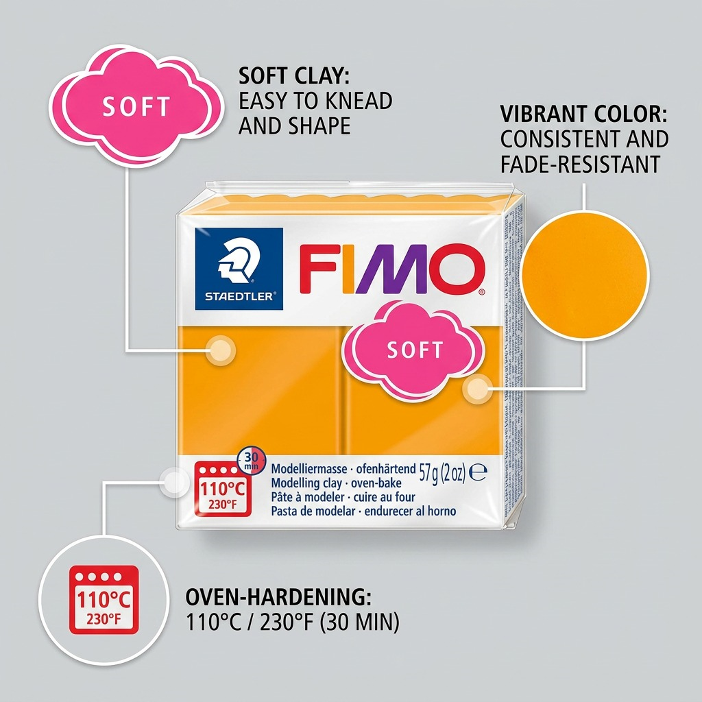 An informative visual showcasing features of Fimo Soft modelling clay, highlighting its softness and curing temperature.