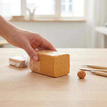 A photograph of a hand placing a block of Mango Caramel Fimo Soft clay on a clean, light wooden craft desk. Adjacent to it are a couple of clay modeling tools. The scene is lit by natural daylight.