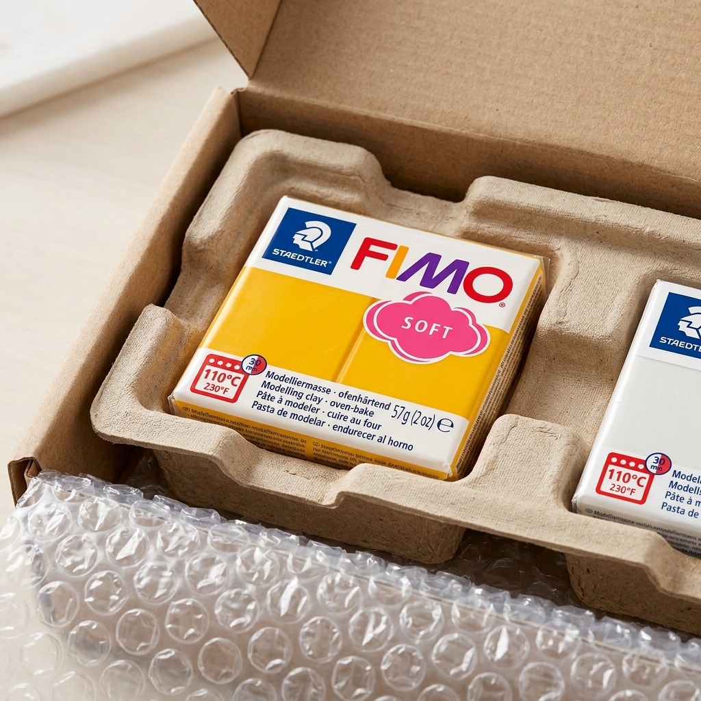 A pack of Fimo Soft Mango Caramel clay arrives safely in a protective cardboard shipping box, packed with padded wrap.