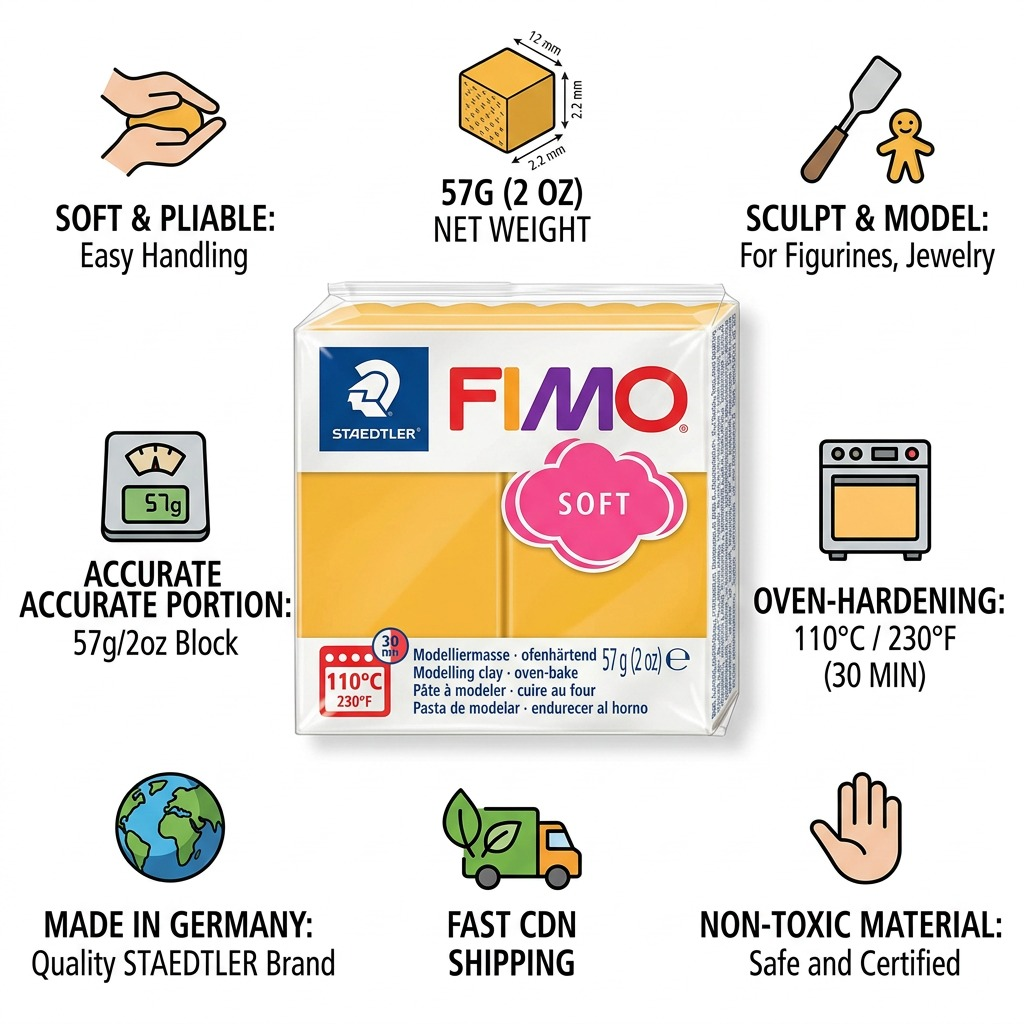 An infographic for STAEDTLER Fimo Soft Mango Caramel 57g clay block with small icons and text like 'Quality Finish', '57g Block', 'Ideal for Modelling', '2oz / 57g', 'Oven Bake 110C', 'FAST CDN SHIPPING', 'MADE IN GERMANY'.