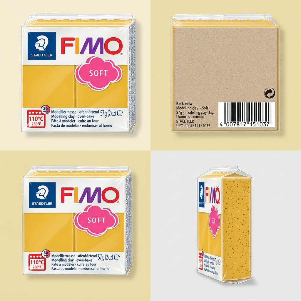 Multi-angle product view of STAEDTLER FIMO Soft Mango Caramel modeling clay matrix on a neutral light yellow background.