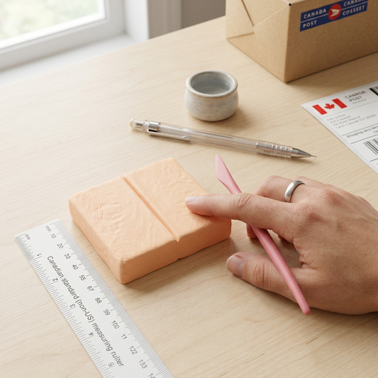 A hand holds the STAEDTLER Fimo Soft Peach 57g clay pack, illustrating its compact 2 oz size.