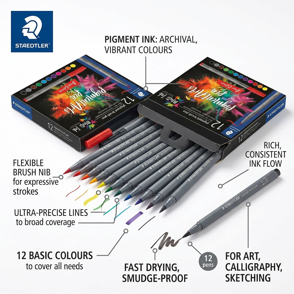 A detailed operational feature diagram of the 12-pack pigment brush pen set, highlighting 12 non-fading basic multi-ink colors.