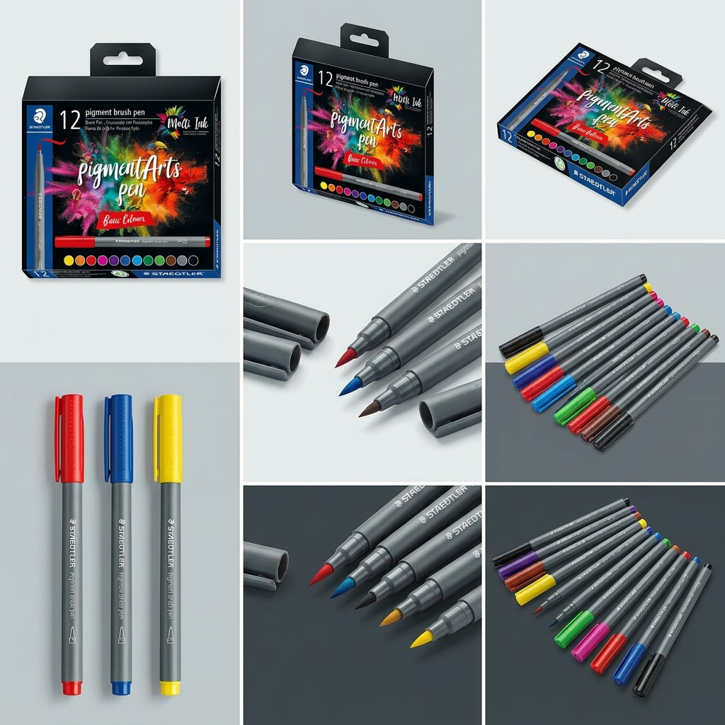 A 3x2 grid showing the STAEDTLER Pigment Arts Pen set (12 basic colors) and different brush pens from various angles.