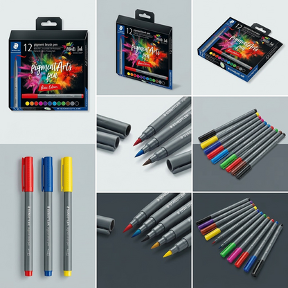 A 3x2 grid showing the STAEDTLER Pigment Arts Pen set (12 basic colors) and different brush pens from various angles.