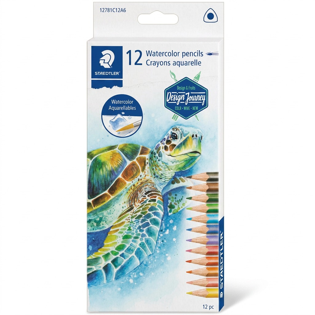 A pure ecommerce product image of the STAEDTLER Design Journey watercolor pencil box on a seamless white background.