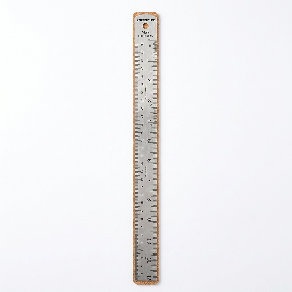 A premium, close-up photograph of the Staedtler Mars limited edition stainless steel ruler on a pure white background. The full length of the twelve-inch ruler is visible, showing the detailed imperial and metric measurements, the cork back, and the Staedtler branding at the top. The brushed metal texture is clear, and a subtle drop shadow grounds the object.