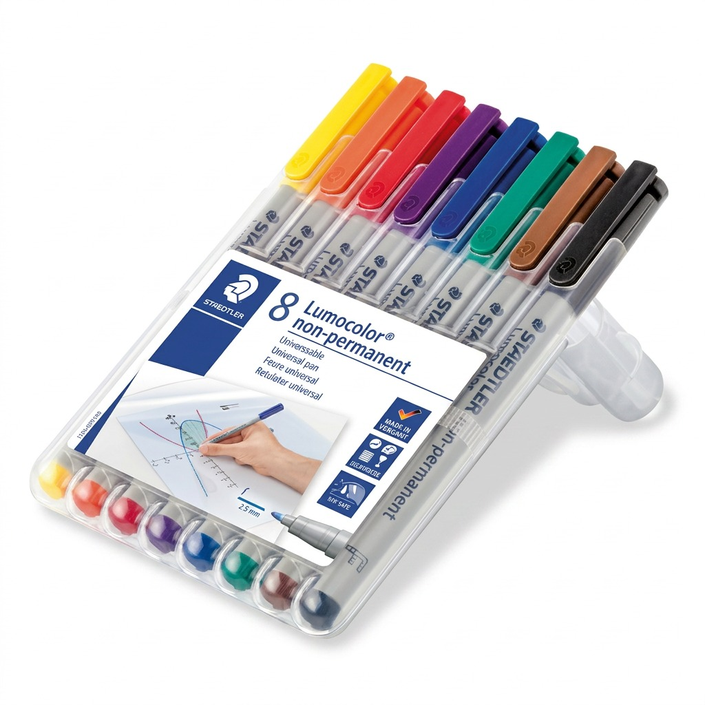 A high-resolution, pure white background product image of the STAEDTLER Lumocolor 316-WP8 marker set.