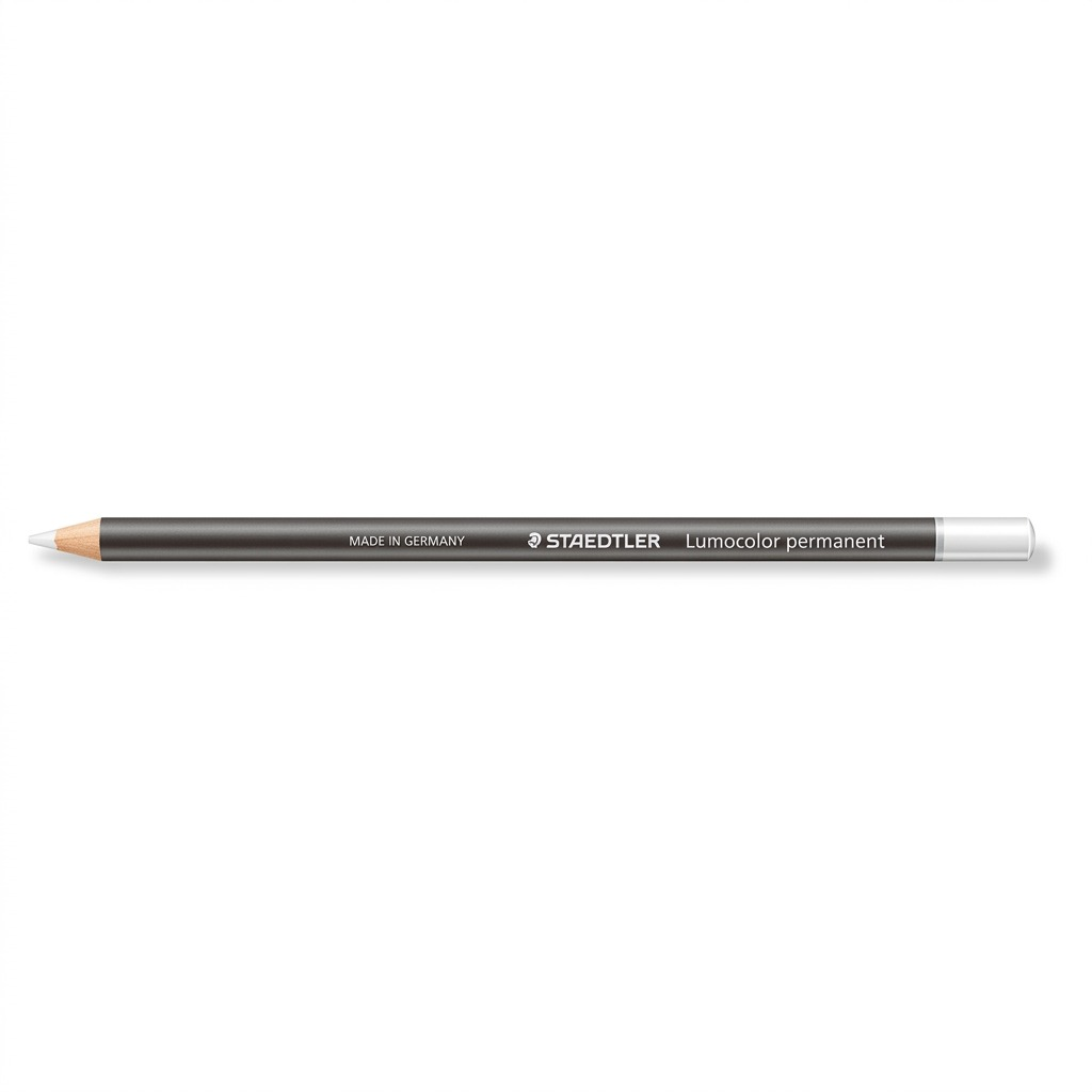 A high-resolution, centered view of a white STAEDTLER Lumocolor permanent glasochrom dry marker pencil.