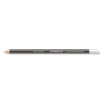 A high-resolution, centered view of a white STAEDTLER Lumocolor permanent glasochrom dry marker pencil.