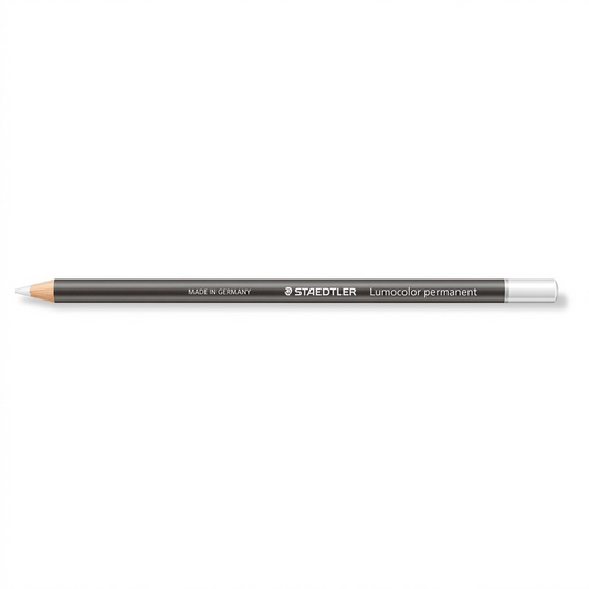 A high-resolution, centered view of a white STAEDTLER Lumocolor permanent glasochrom dry marker pencil.