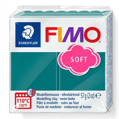 Pure high-resolution hero shot of STAEDTLER Fimo Soft Ocean Wave 57g modelling clay in its exact packaging on a pure white background, showcasing all canonical manufacturer details.