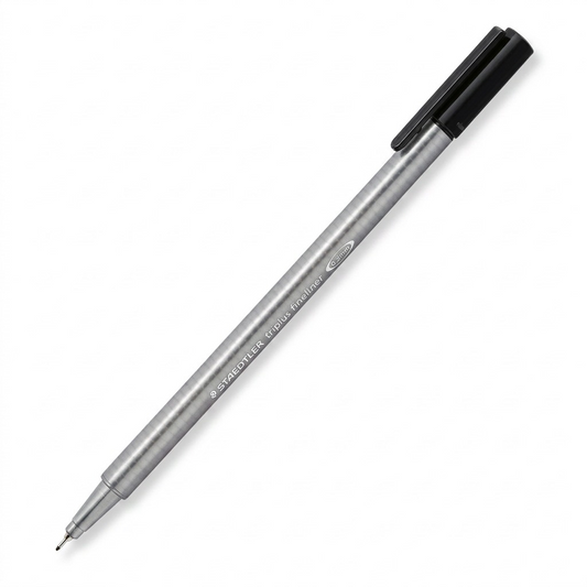 Canonical hero shot of the STAEDTLER Triplus 334-9-A7 fineliner, 0.3mm black ink, on a pure white background.
