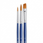 A high-resolution, centered photograph of the three STAEDTLER synthetic brushes found in the 989-SBK3-302 set, shown out of packaging against a pure white background. The long-handled brushes feature blue lacquer finishes, silver ferrules, and synthetic bristles, including a round and a flat brush. Small number markings "2", "8', and "8" are visible near the handles. The composition has clean edges and realistic shadows.