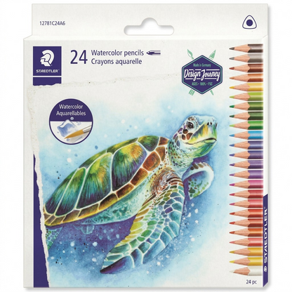 A high-resolution, centered flat-lay hero shot of a cardboard box containing 24 multicolored STAEDTLER triangular watercolor pencils on a pure white background. The front of the box features a large watercolor illustration of a turquoise sea turtle, with the STAEDTLER logo and additional text. A vertical strip on the right side of the box shows individual pencil pre-sharpened leads and tips. This is a premium ecommerce product image with clean edges and accurate colors.