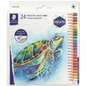 A high-resolution, centered flat-lay hero shot of a cardboard box containing 24 multicolored STAEDTLER triangular watercolor pencils on a pure white background. The front of the box features a large watercolor illustration of a turquoise sea turtle, with the STAEDTLER logo and additional text. A vertical strip on the right side of the box shows individual pencil pre-sharpened leads and tips. This is a premium ecommerce product image with clean edges and accurate colors.