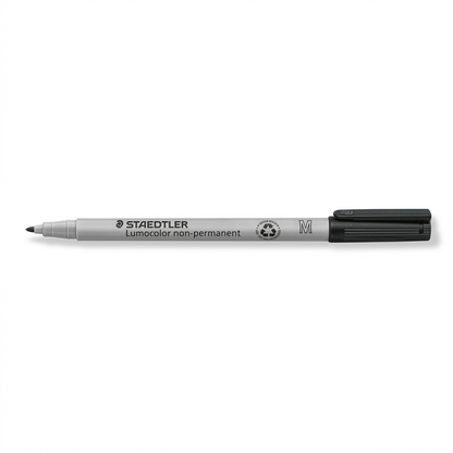A high-resolution, centered image of a STAEDTLER Lumocolor non-permanent medium black marker on a pure white background. The marker is clearly identified with the STAEDTLER brand, "Lumocolor non-permanent" text, and the point size indicator.