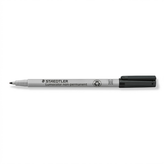 A high-resolution, centered image of a STAEDTLER Lumocolor non-permanent medium black marker on a pure white background. The marker is clearly identified with the STAEDTLER brand, "Lumocolor non-permanent" text, and the point size indicator.