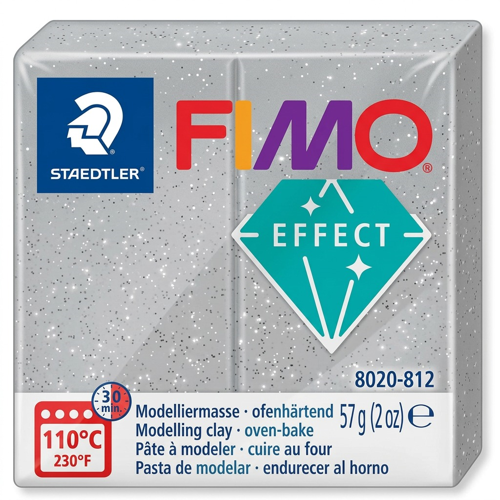 A high-resolution, centered view of a 57g (2 oz) block of grey glitter FIMO Effect oven-bake modelling clay (STAEDTLER, item 8020-812) on a white background, featuring realistic texture and markings.