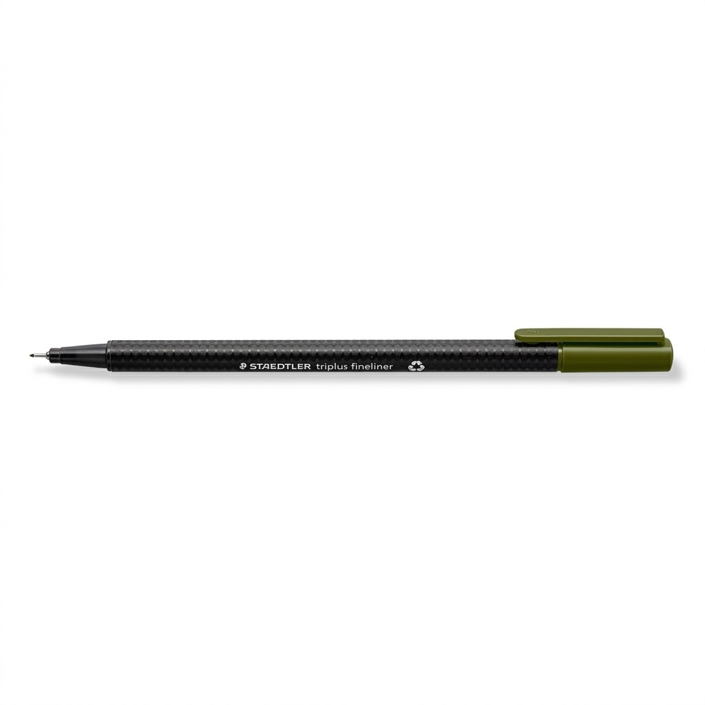 High-resolution vertical studio shot of an olive green Staedtler Triplus fineliner pen.