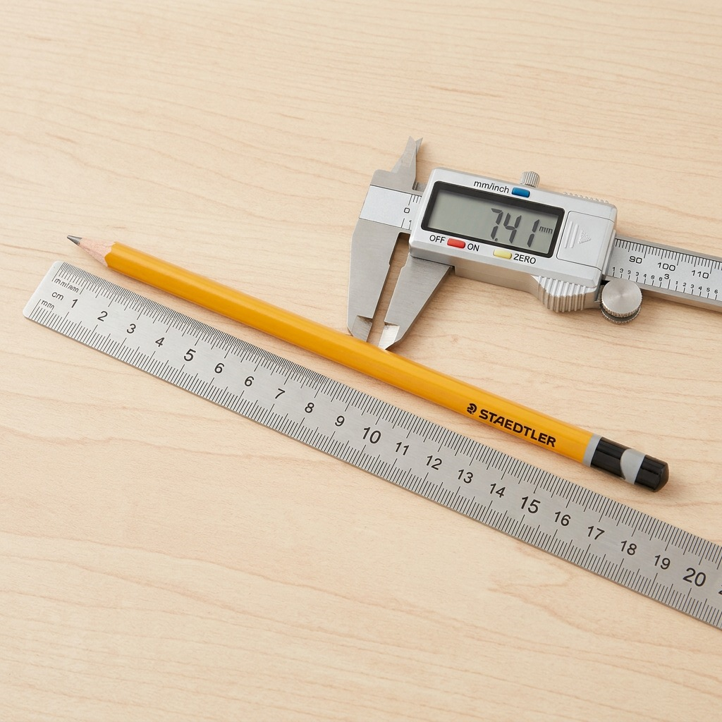 A clean overhead view of one single yellow triangular STAEDTLER HB pencil from image_0.png, resting on a light wood desk, measured by calipers and a ruler for scale.