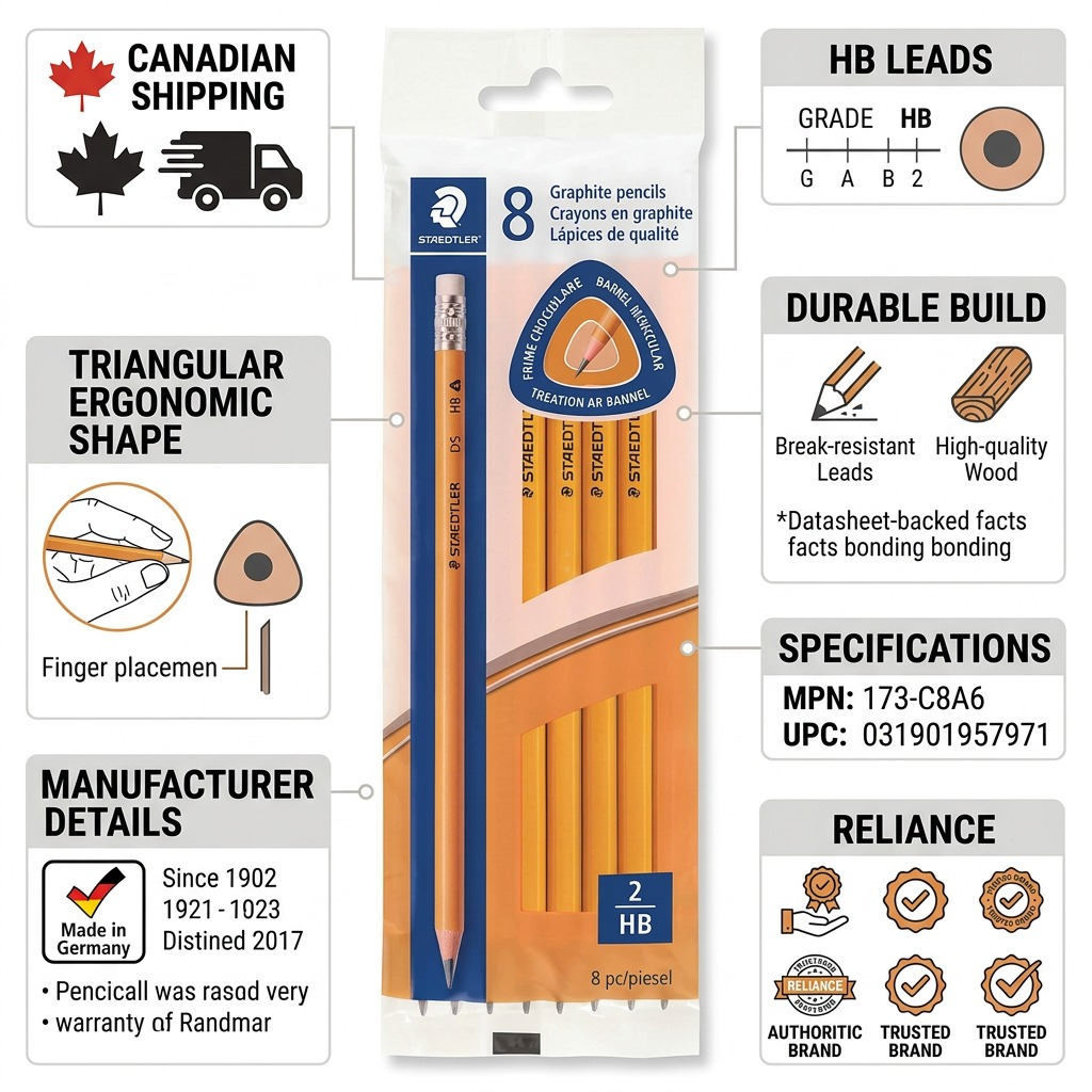 An infographic showing eight STAEDTLER HB wooden pencils in their original orange and blue packaging as the central feature. Icons and text callouts surround the product, emphasizing quality, fast shipping from a domestic source, the comfortable triangular shape, and durable break-resistant leads. The background is a clean white with minimalist design elements. This is a visual matrix image focused on trust and product details.