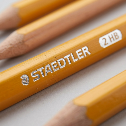 Macro detail shot of the hexagonal Staedtler pencil showing the embossed silver foil logo and HB grade marking on the wood barrel.