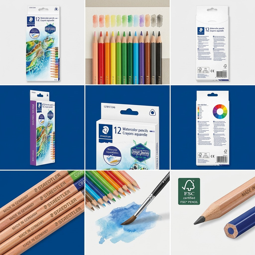 A 3x3 grid comparison of STAEDTLER Design Journey 12 Watercolor Pencils, showing different angles and features across a set of nine identical boxes.