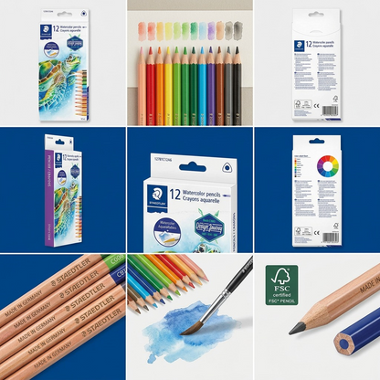 A 3x3 grid comparison of STAEDTLER Design Journey 12 Watercolor Pencils, showing different angles and features across a set of nine identical boxes.