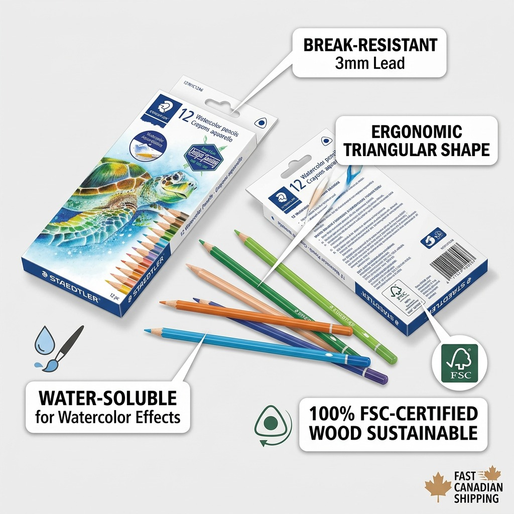 A clean ecommerce graphic focusing on the STAEDTLER set with lines highlighting the 3mm break-resistant lead, FSC wood, and ergonomic shape. White background, polished lighting.