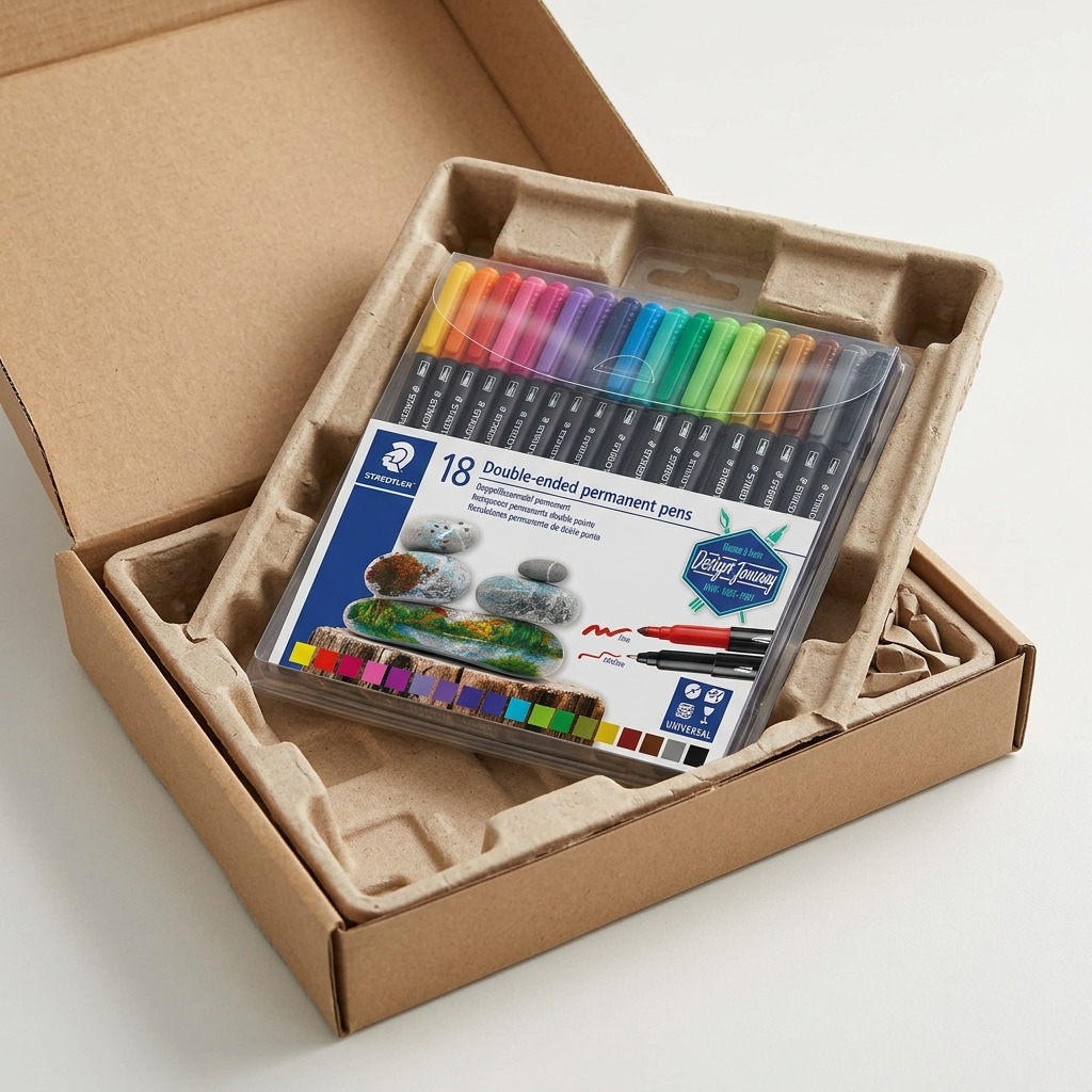 Unboxing view: A well-protected STAEDTLER set with protective padding inside a secure shipping box.