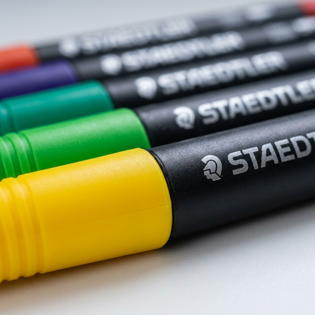 Macro inspection of STAEDTLER double-ended pens showing fine nib, clean print, and texture.