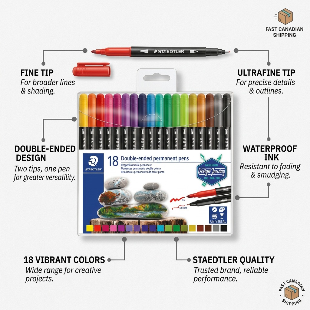 A clean ecommerce graphic showcasing key features of the STAEDTLER Double-ended Permanent Pens 18 pcs set. Overlays highlight with pointers the fine tip, ultrafine tip, permanent ink property, and the 18 vibrant colors as main operational benefits.